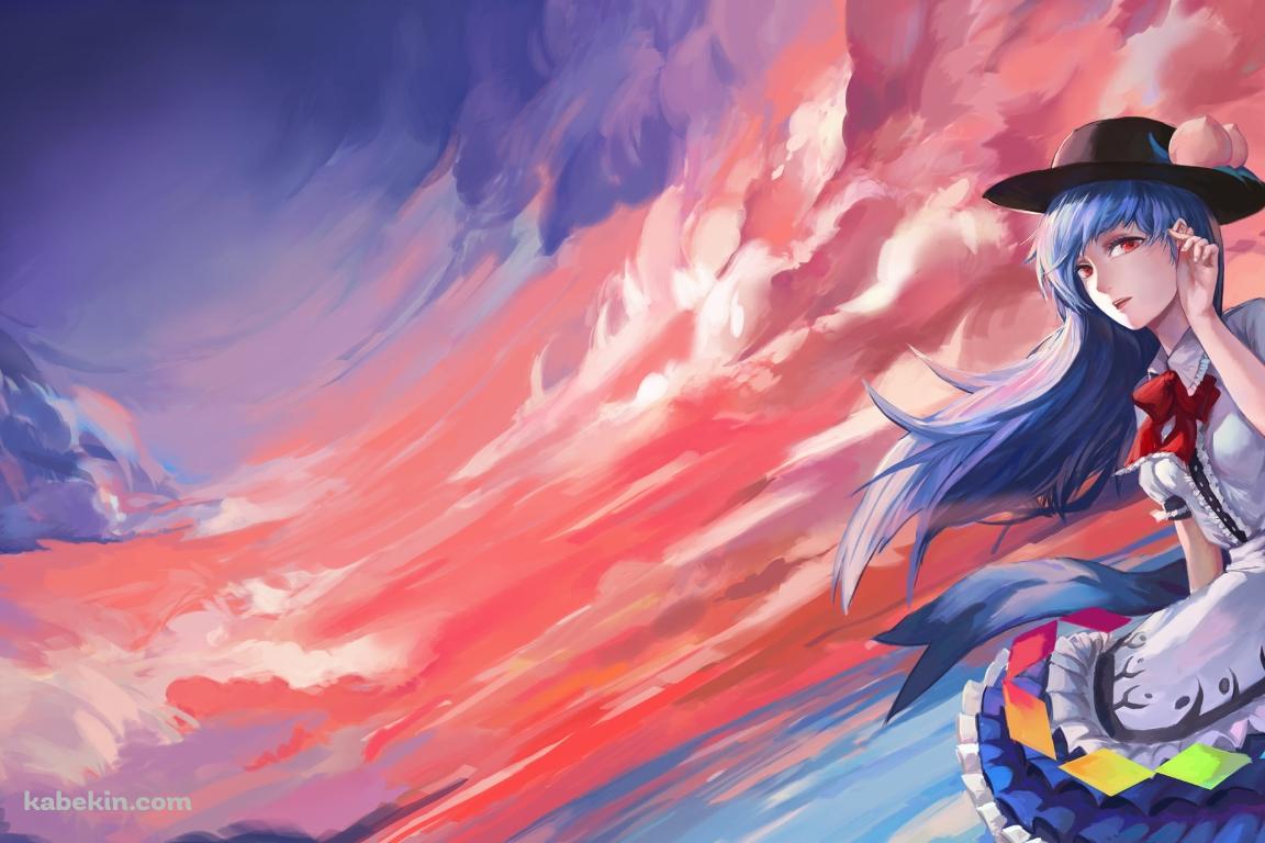 リアリスティックなタッチで描かれた夕焼けに染まる空と比那名居天子 / 東方の壁紙(1152px x 768px) 高画質 PC・デスクトップ用