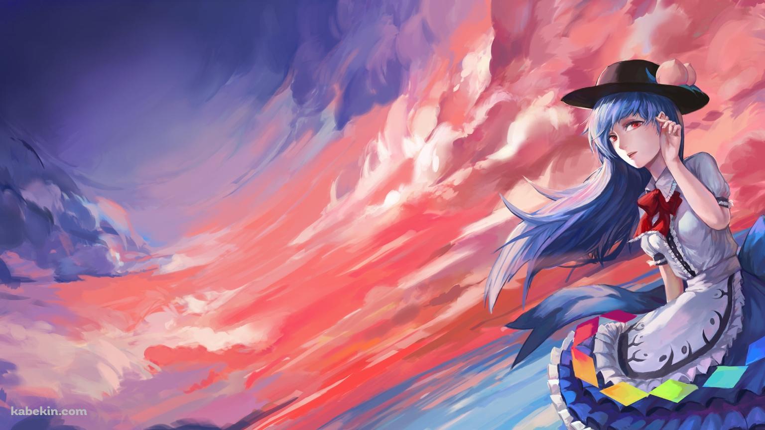 リアリスティックなタッチで描かれた夕焼けに染まる空と比那名居天子 / 東方の壁紙(1536px x 864px) 高画質 PC・デスクトップ用