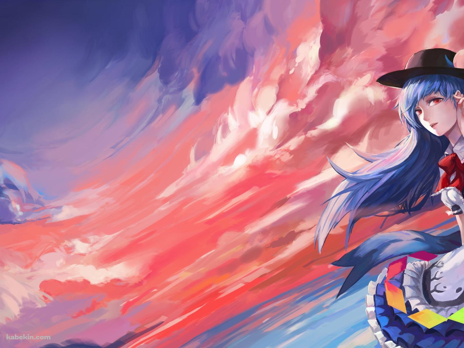 リアリスティックなタッチで描かれた夕焼けに染まる空と比那名居天子 / 東方の壁紙(1600px x 1200px) 高画質 PC・デスクトップ用