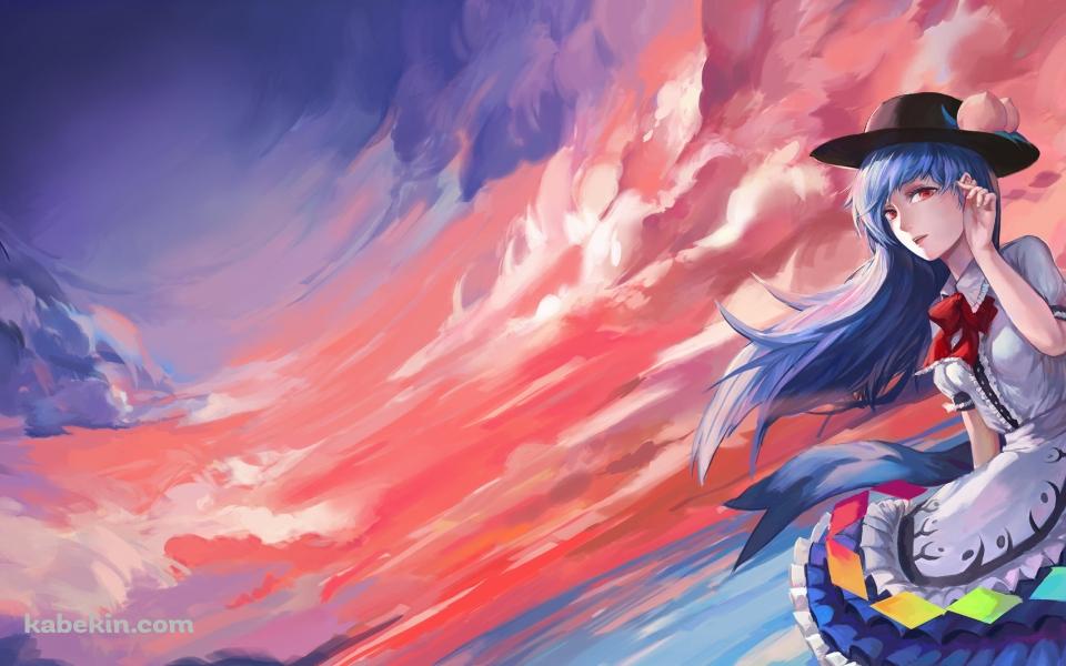 リアリスティックなタッチで描かれた夕焼けに染まる空と比那名居天子 / 東方の壁紙(960px x 600px) 高画質 PC・デスクトップ用