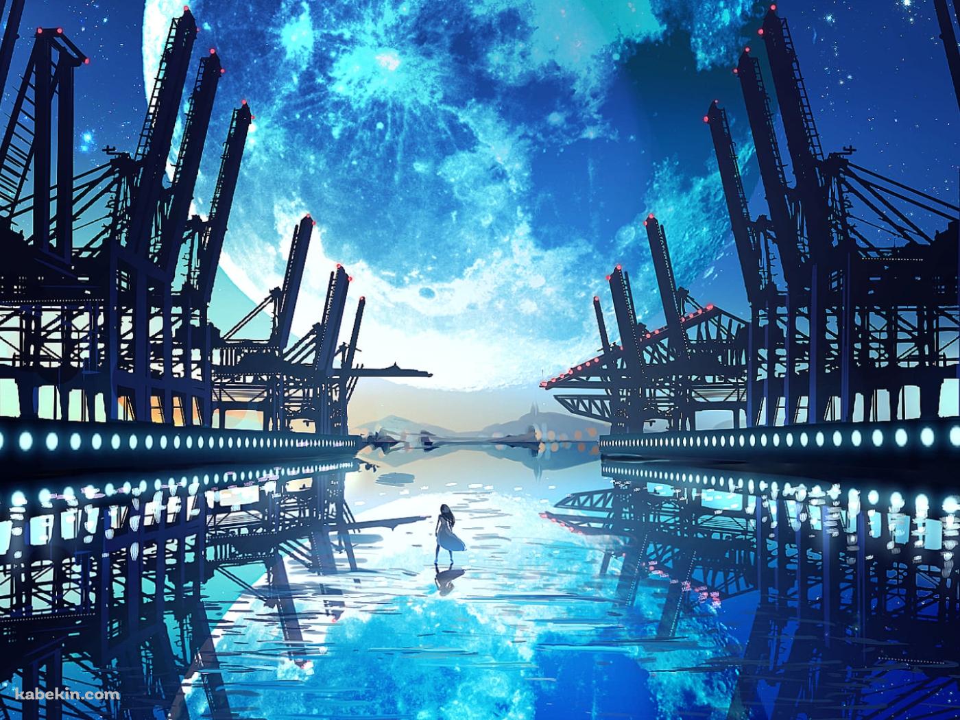 大きな惑星が映る水面に立つ女性の壁紙(1400px x 1050px) 高画質 PC・デスクトップ用