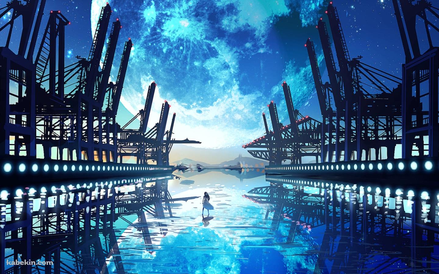 大きな惑星が映る水面に立つ女性の壁紙(1440px x 900px) 高画質 PC・デスクトップ用
