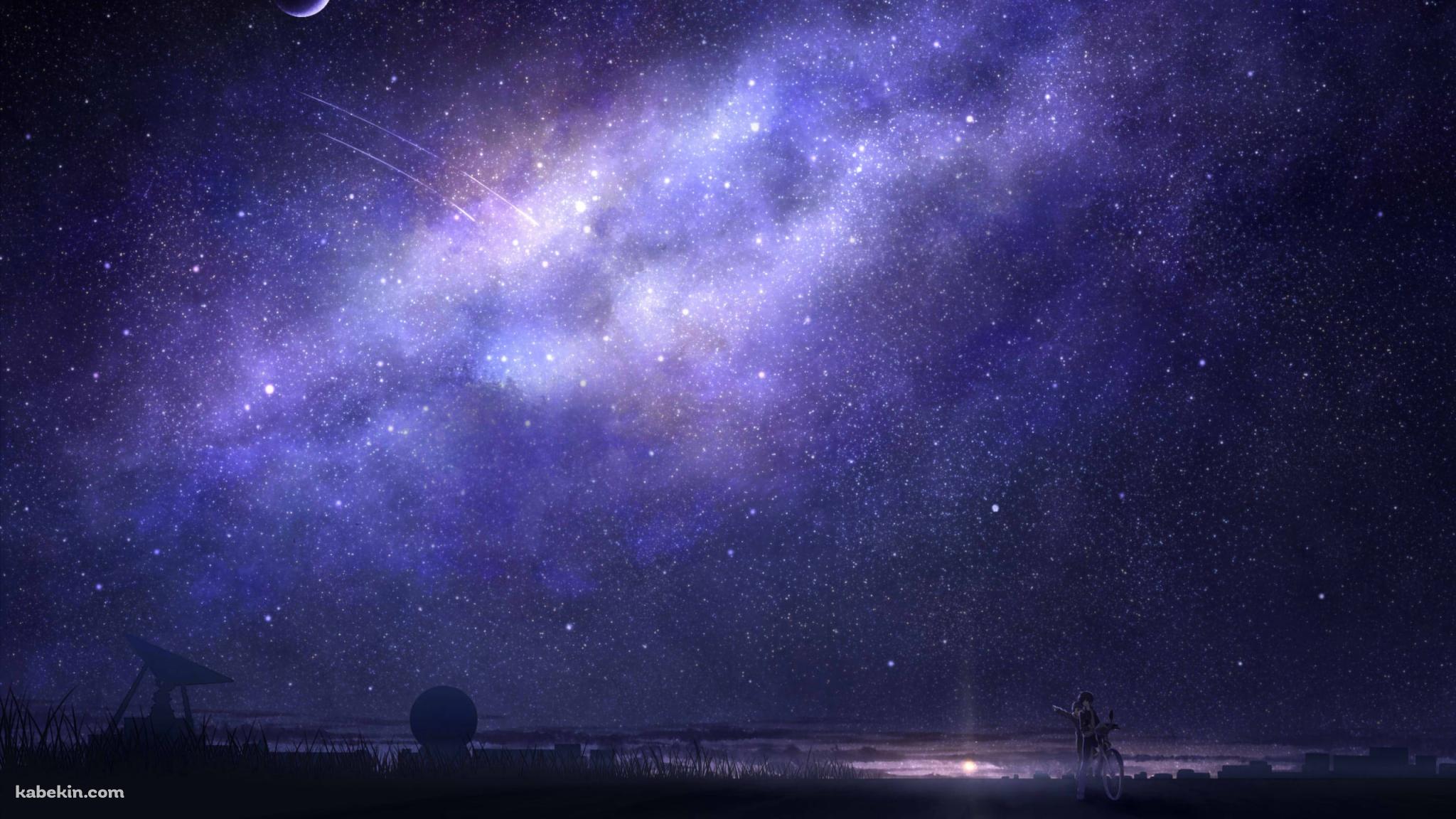紫がかった月と満天の星 / 流れ星 / 自転車の壁紙(2048px x 1152px) 高画質 PC・デスクトップ用