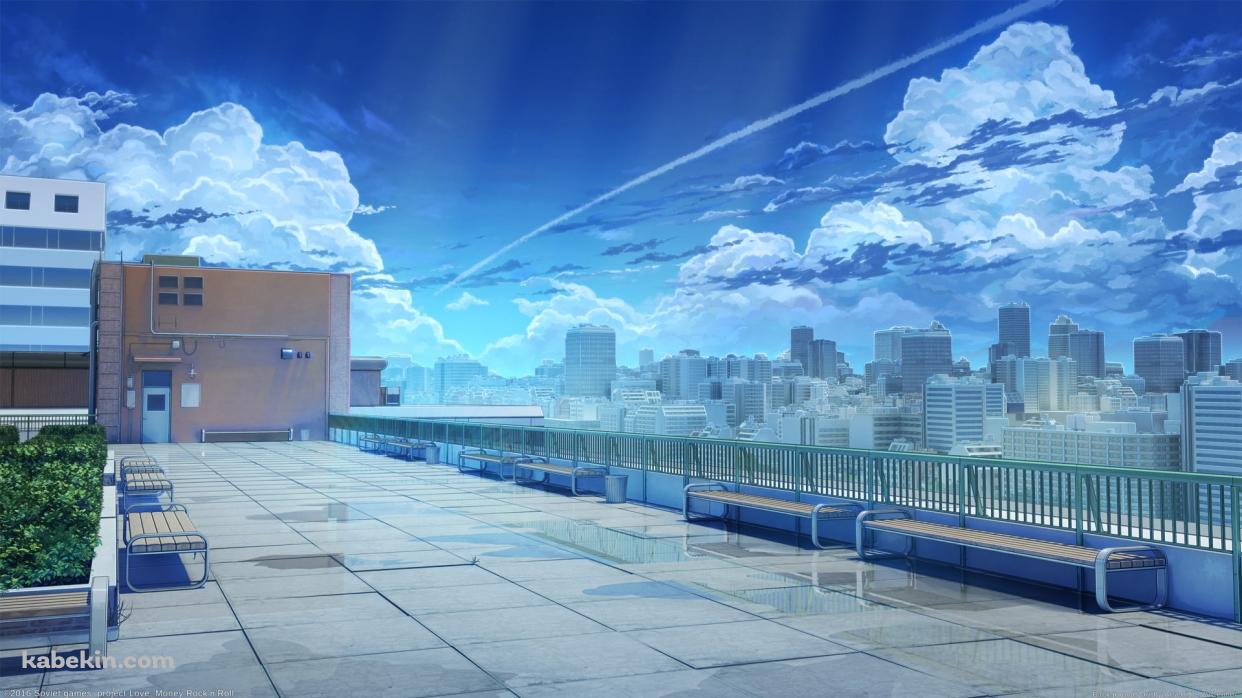ベンチが並んだ綺麗な屋上 / 大都会と青空 / 恋、マネー、ロックンロールの壁紙(1242px x 698px) 高画質 PC・デスクトップ用