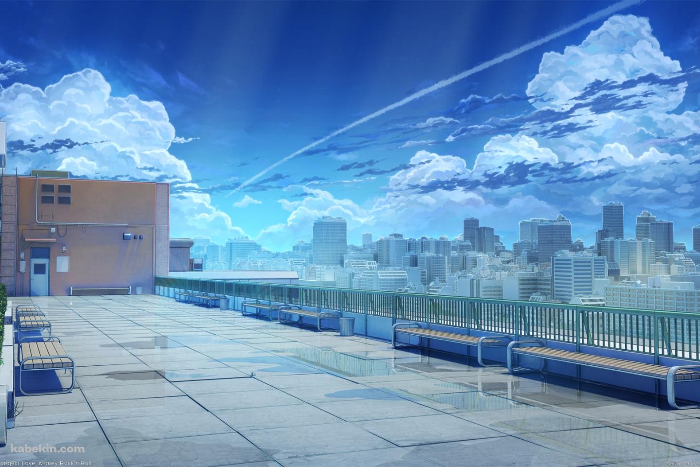 ベンチが並んだ綺麗な屋上 / 大都会と青空 / 恋、マネー、ロックンロールの壁紙(1440px x 960px) 高画質 PC・デスクトップ用