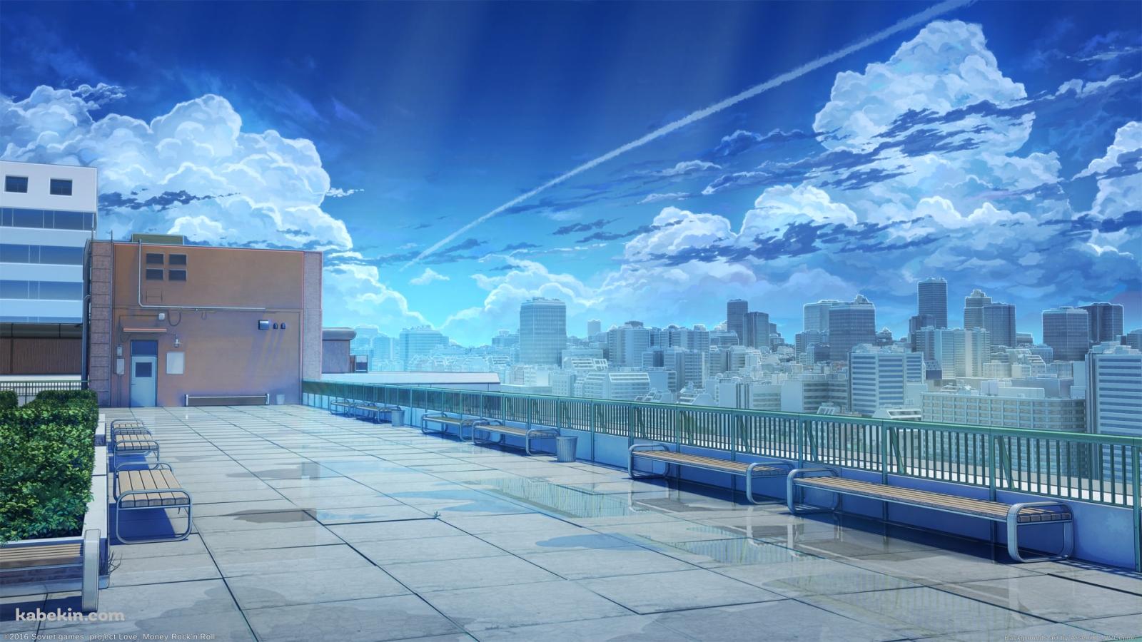 ベンチが並んだ綺麗な屋上 / 大都会と青空 / 恋、マネー、ロックンロールの壁紙(1600px x 900px) 高画質 PC・デスクトップ用