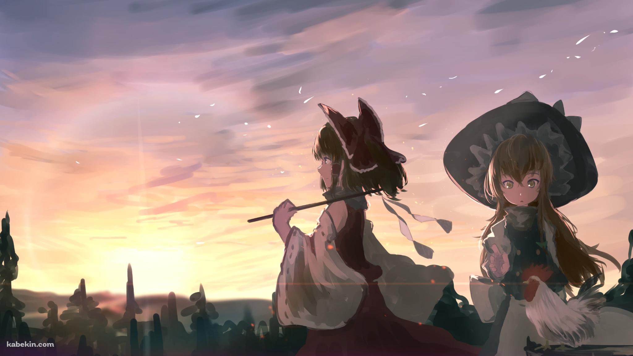 博麗霊夢と霧雨魔理沙と鶏 / 東方の壁紙(2048px x 1152px) 高画質 PC・デスクトップ用