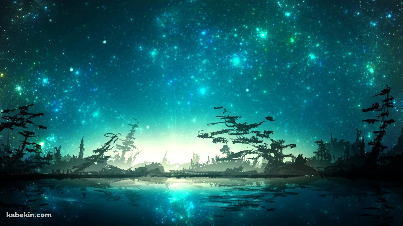 緑の星空と草木生える水辺の壁紙(1366px x 768px) 高画質 PC・デスクトップ用