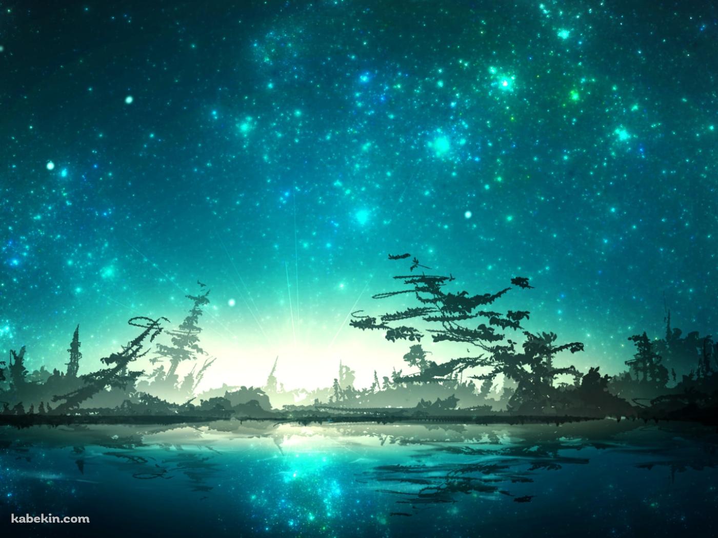 緑の星空と草木生える水辺の壁紙(1400px x 1050px) 高画質 PC・デスクトップ用