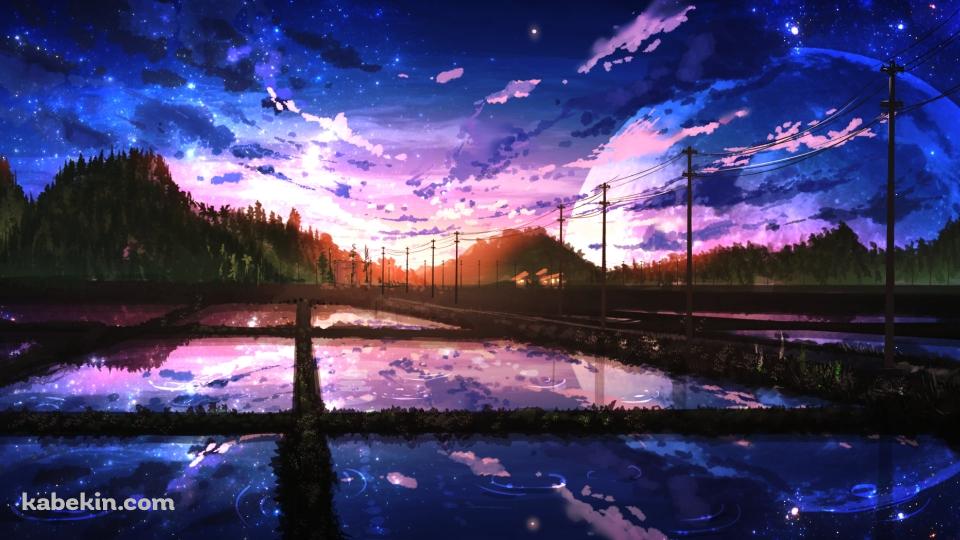 田舎の水田と山と大きな月の壁紙(960px x 540px) 高画質 PC・デスクトップ用