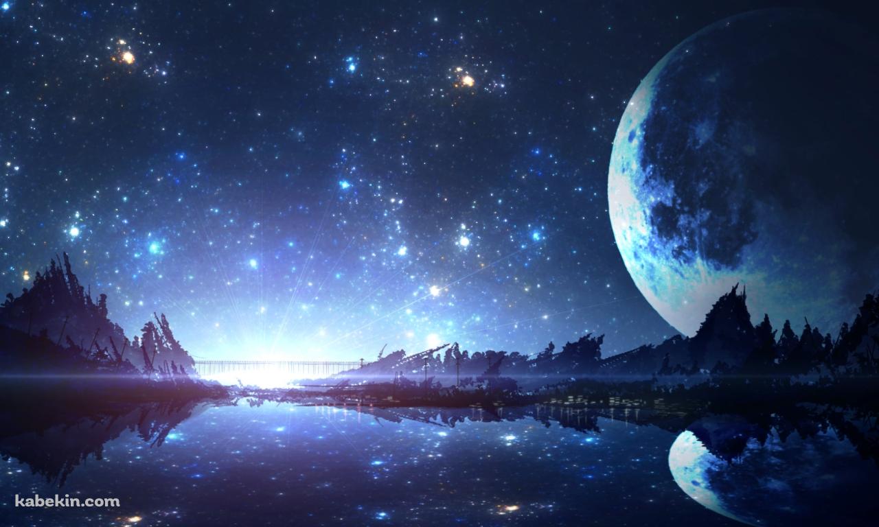 水に鏡面する大きな惑星 / 海に続く湖 / 綺麗な星空の壁紙(1280px x 768px) 高画質 PC・デスクトップ用