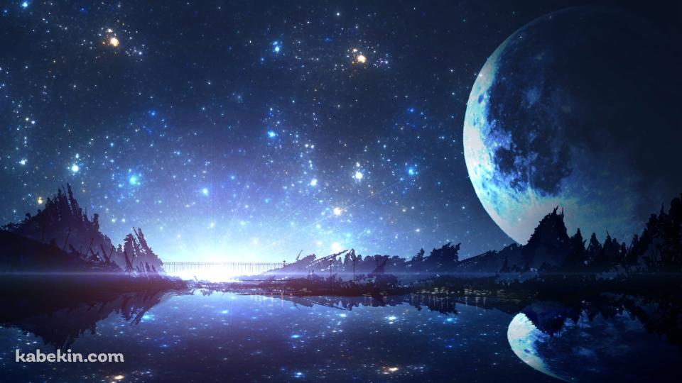 水に鏡面する大きな惑星 / 海に続く湖 / 綺麗な星空の壁紙(960px x 540px) 高画質 PC・デスクトップ用