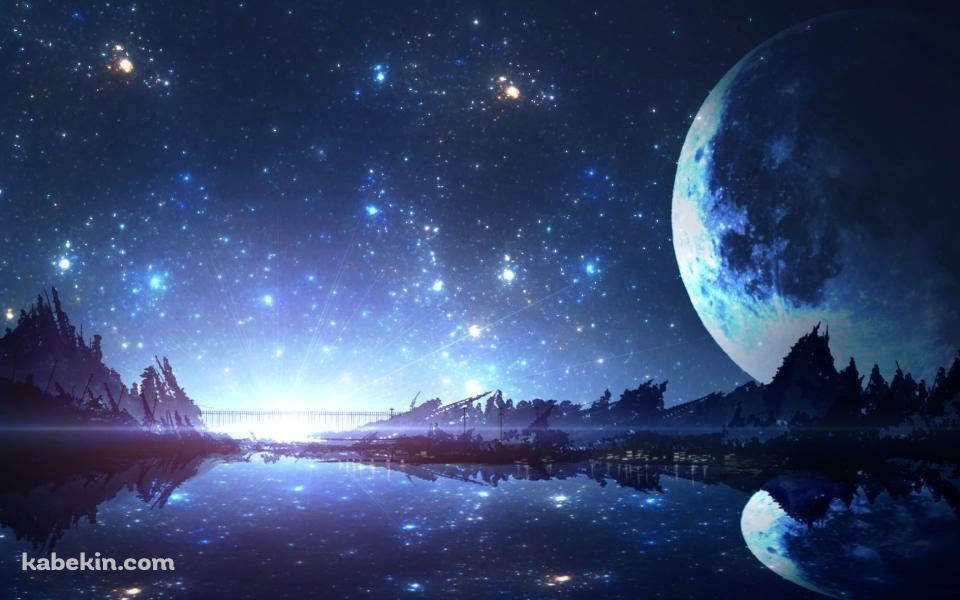 水に鏡面する大きな惑星 / 海に続く湖 / 綺麗な星空の壁紙(960px x 600px) 高画質 PC・デスクトップ用