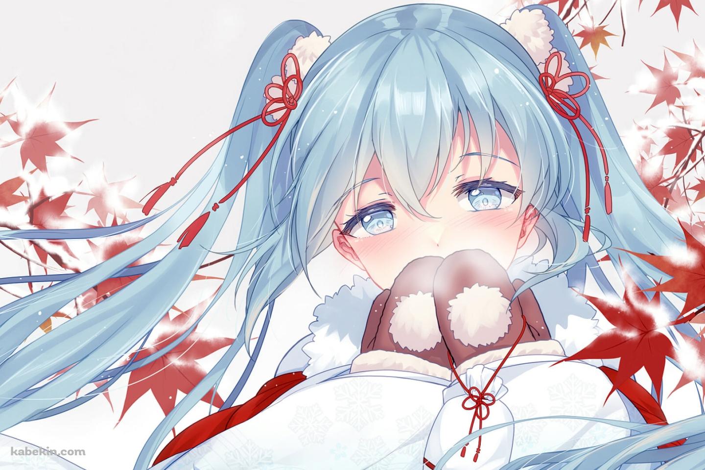 赤い葉とミトンに白い息を吐く初音ミク / ボカロ / ボーカロイドの壁紙(1440px x 960px) 高画質 PC・デスクトップ用