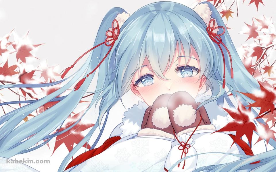 赤い葉とミトンに白い息を吐く初音ミク / ボカロ / ボーカロイドの壁紙(960px x 600px) 高画質 PC・デスクトップ用