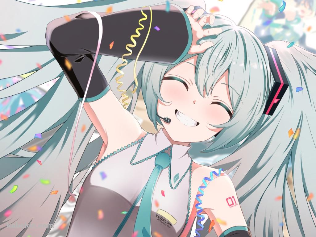 ヘッドセットをつけた笑顔の初音ミク / 紙ふぶき / ボカロ / ボーカロイドの壁紙(1024px x 768px) 高画質 PC・デスクトップ用