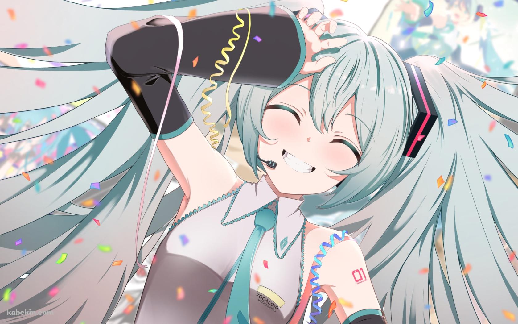 ヘッドセットをつけた笑顔の初音ミク / 紙ふぶき / ボカロ / ボーカロイドの壁紙(1680px x 1050px) 高画質 PC・デスクトップ用