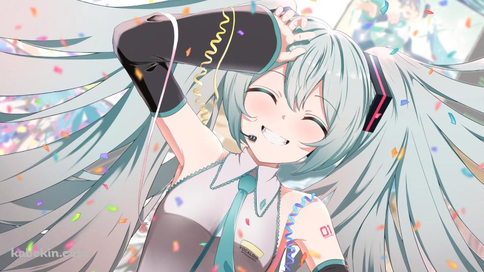 ヘッドセットをつけた笑顔の初音ミク / 紙ふぶき / ボカロ / ボーカロイドの壁紙(960px x 540px) 高画質 PC・デスクトップ用
