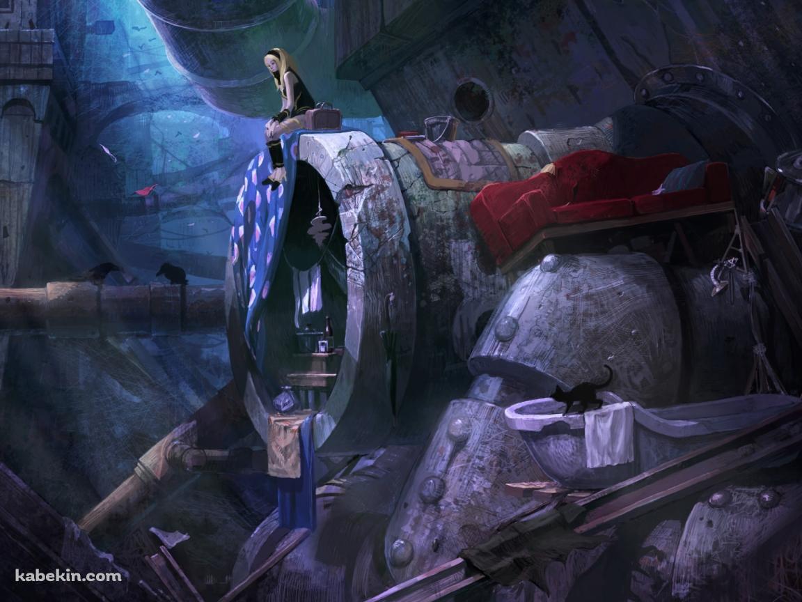 廃墟に座るグラビティ・キトゥンとダスティ / GRAVITY DAZE(グラビティデイズ)の壁紙(1152px x 864px) 高画質 PC・デスクトップ用