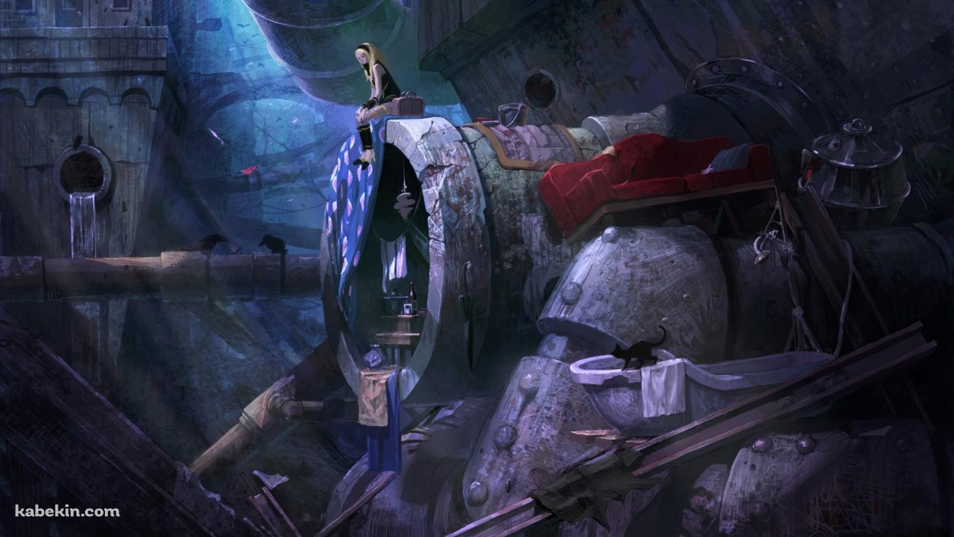 廃墟に座るグラビティ・キトゥンとダスティ / GRAVITY DAZE(グラビティデイズ)の壁紙(1391px x 783px) 高画質 PC・デスクトップ用