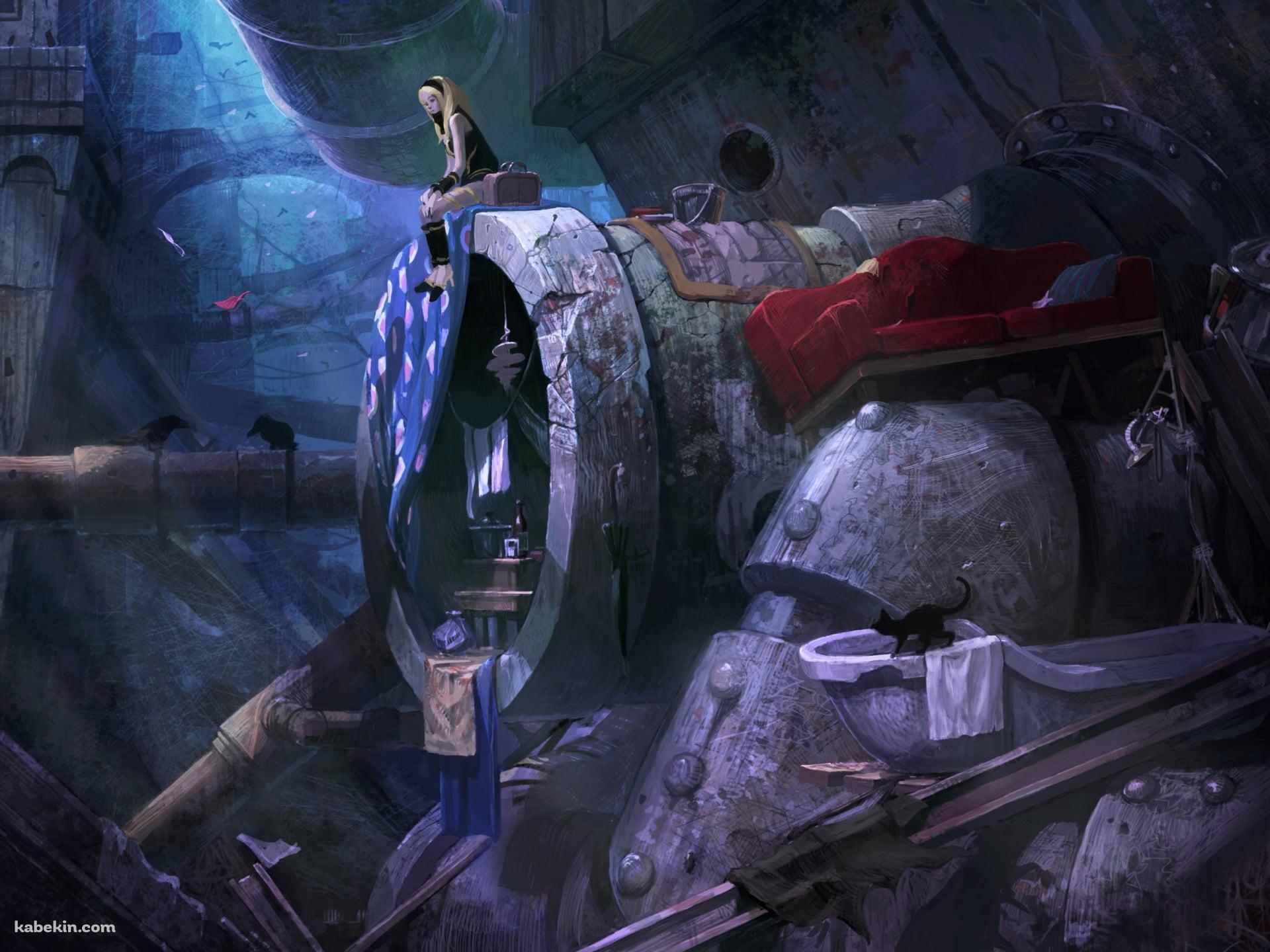 廃墟に座るグラビティ・キトゥンとダスティ / GRAVITY DAZE(グラビティデイズ)の壁紙(1920px x 1440px) 高画質 PC・デスクトップ用