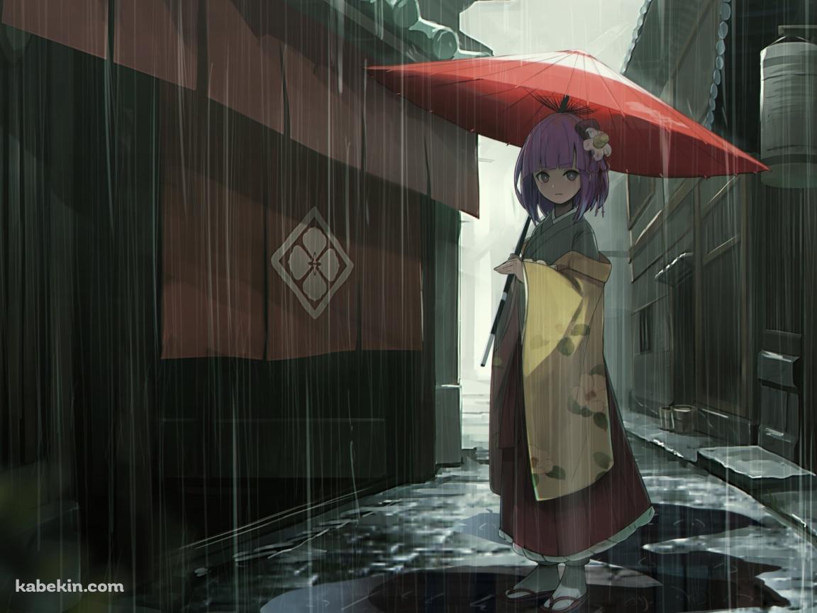 雨の中、赤い和傘をさして佇む稗田阿求(ひえだの あきゅう) / 東方の壁紙(1152px x 864px) 高画質 PC・デスクトップ用