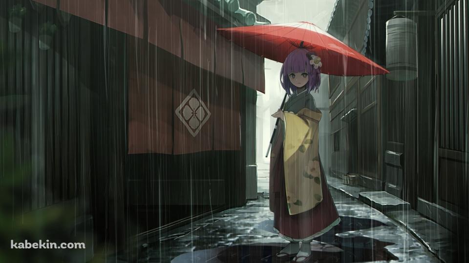 雨の中、赤い和傘をさして佇む稗田阿求(ひえだの あきゅう) / 東方の壁紙(960px x 540px) 高画質 PC・デスクトップ用
