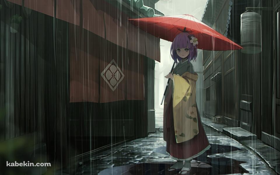雨の中、赤い和傘をさして佇む稗田阿求(ひえだの あきゅう) / 東方の壁紙(960px x 600px) 高画質 PC・デスクトップ用