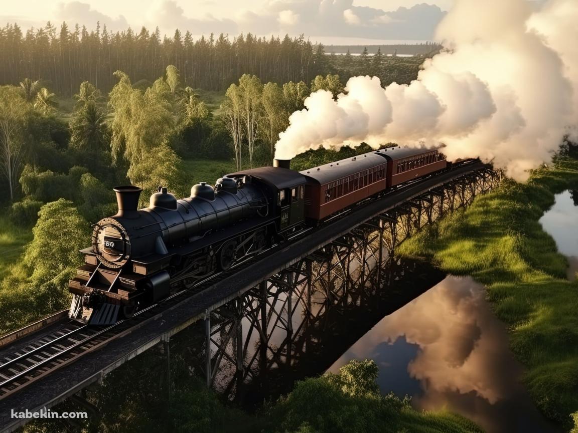 白い煙をはいて綺麗な自然の中を走る機関車の壁紙(1152px x 864px) 高画質 PC・デスクトップ用