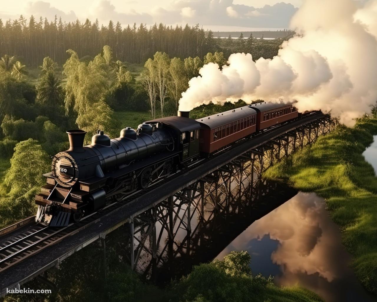 白い煙をはいて綺麗な自然の中を走る機関車の壁紙(1280px x 1024px) 高画質 PC・デスクトップ用