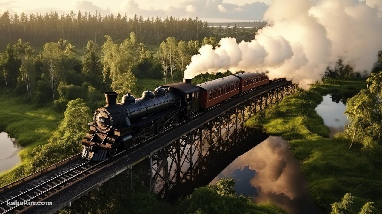 白い煙をはいて綺麗な自然の中を走る機関車の壁紙(1280px x 720px) 高画質 PC・デスクトップ用