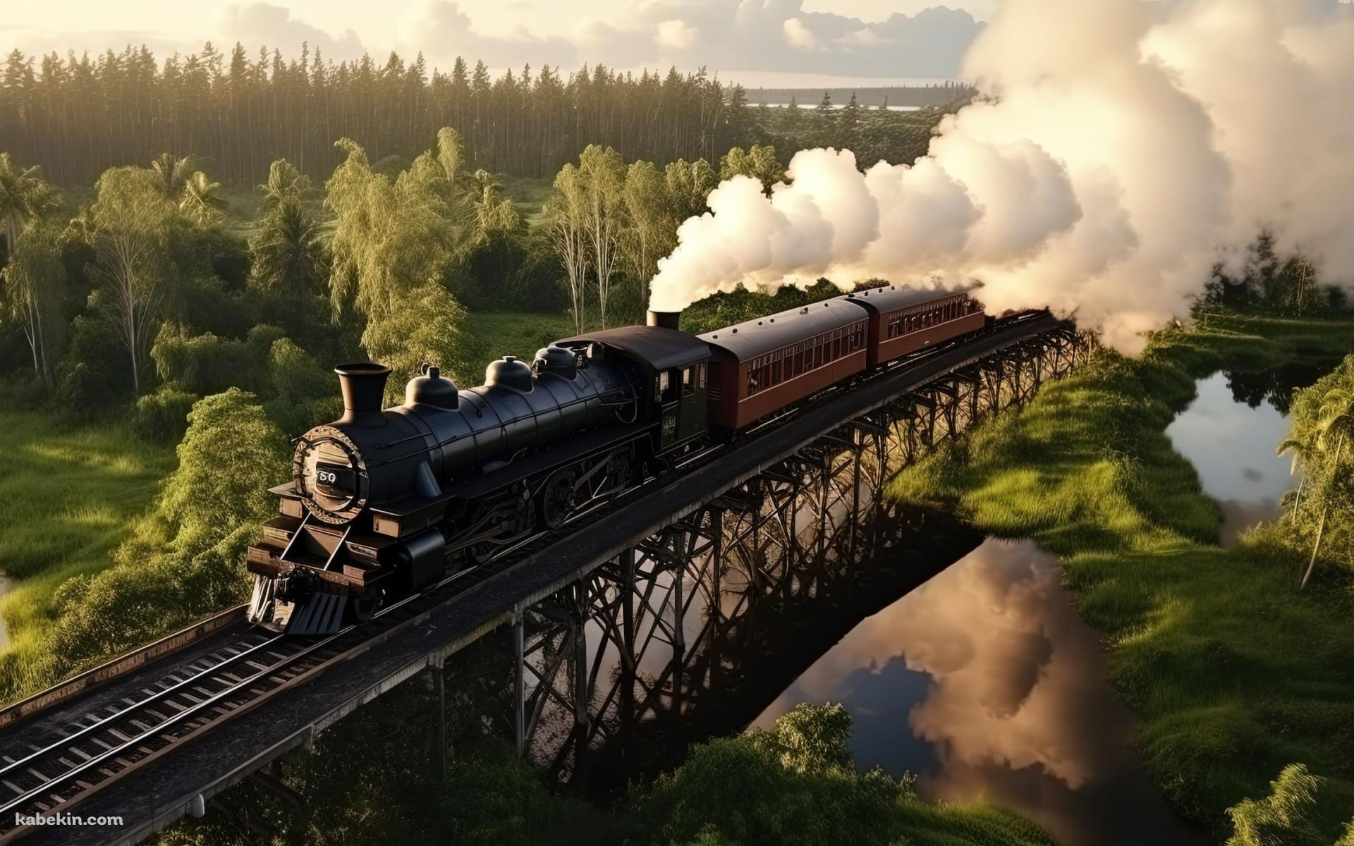 白い煙をはいて綺麗な自然の中を走る機関車の壁紙(1920px x 1200px) 高画質 PC・デスクトップ用
