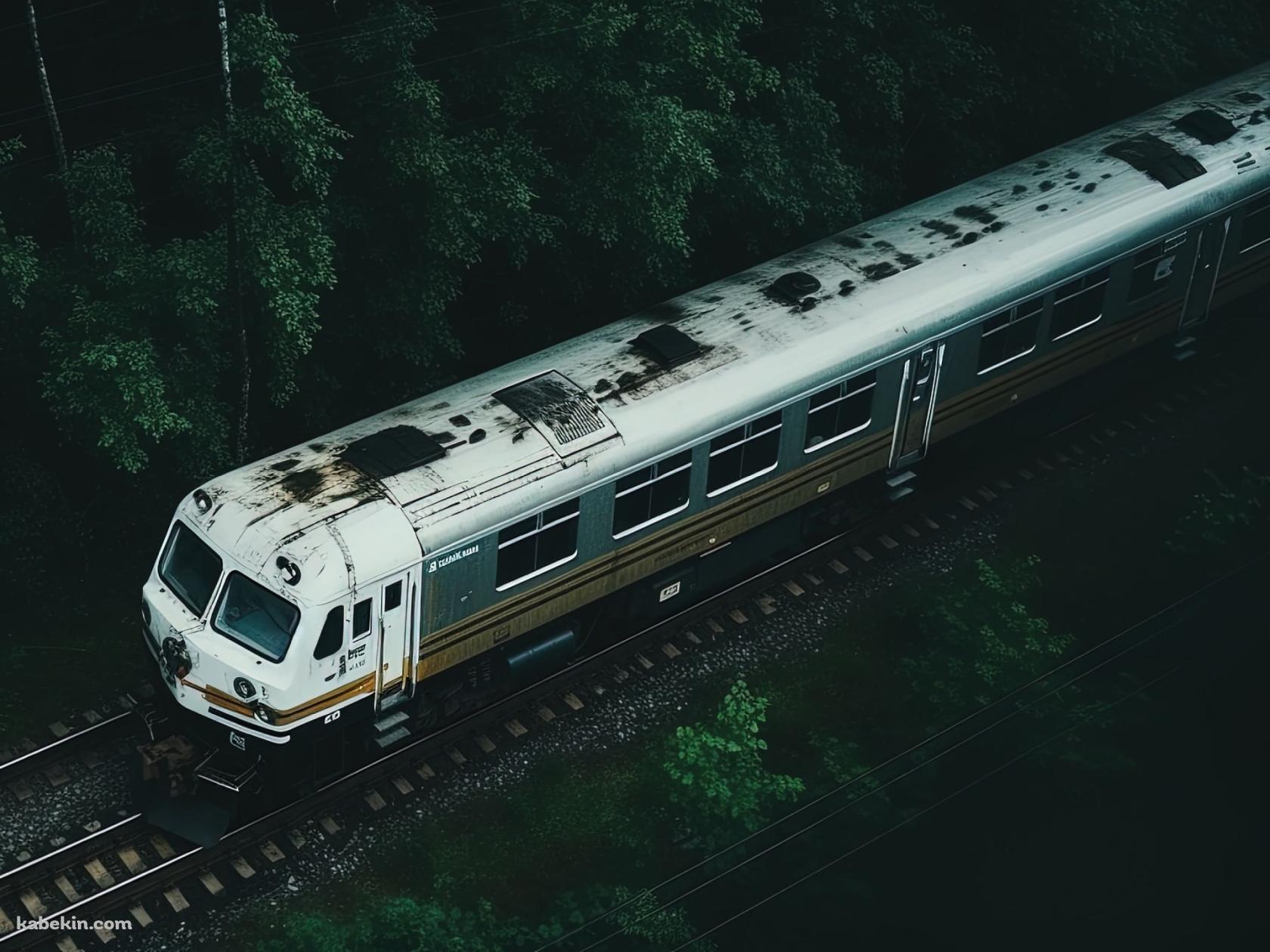 森の中を走るボロボロの白い電車の壁紙(1680px x 1260px) 高画質 PC・デスクトップ用