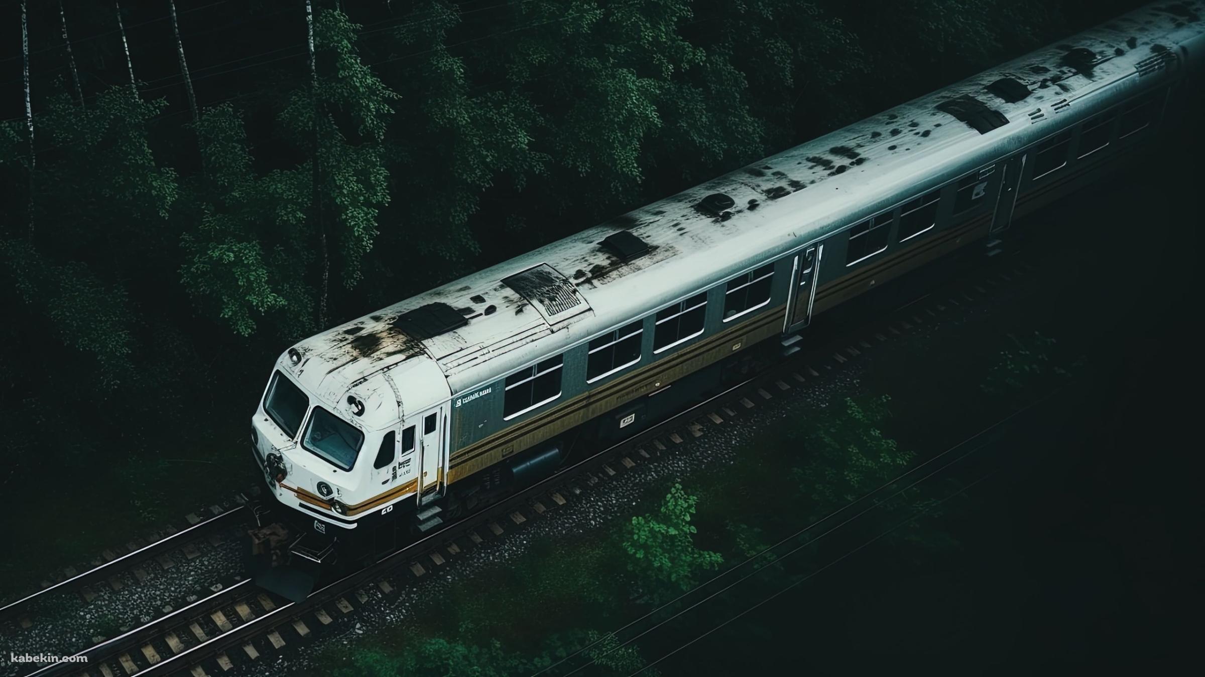 森の中を走るボロボロの白い電車の壁紙(2400px x 1350px) 高画質 PC・デスクトップ用