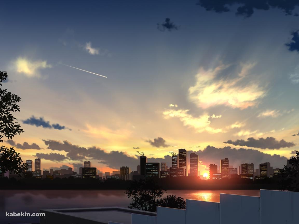 白いフェンス越しに見る水辺と夕陽の壁紙(1152px x 864px) 高画質 PC・デスクトップ用