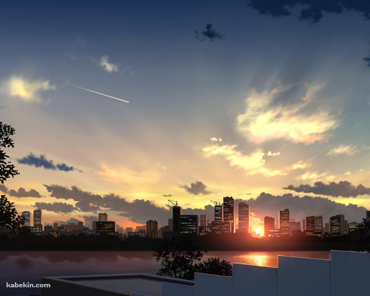 白いフェンス越しに見る水辺と夕陽の壁紙(1280px x 1024px) 高画質 PC・デスクトップ用