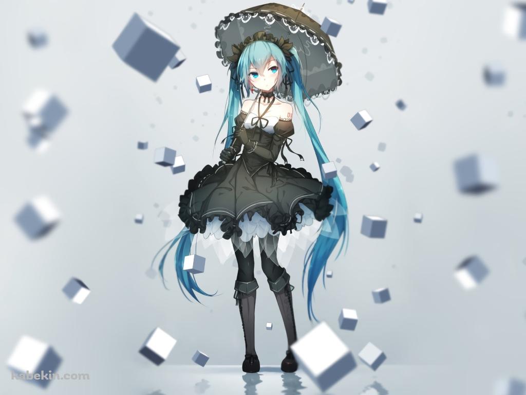 沢山の白いキューブと日傘をさす初音ミク / ボカロ / ボーカロイドの壁紙(1024px x 768px) 高画質 PC・デスクトップ用
