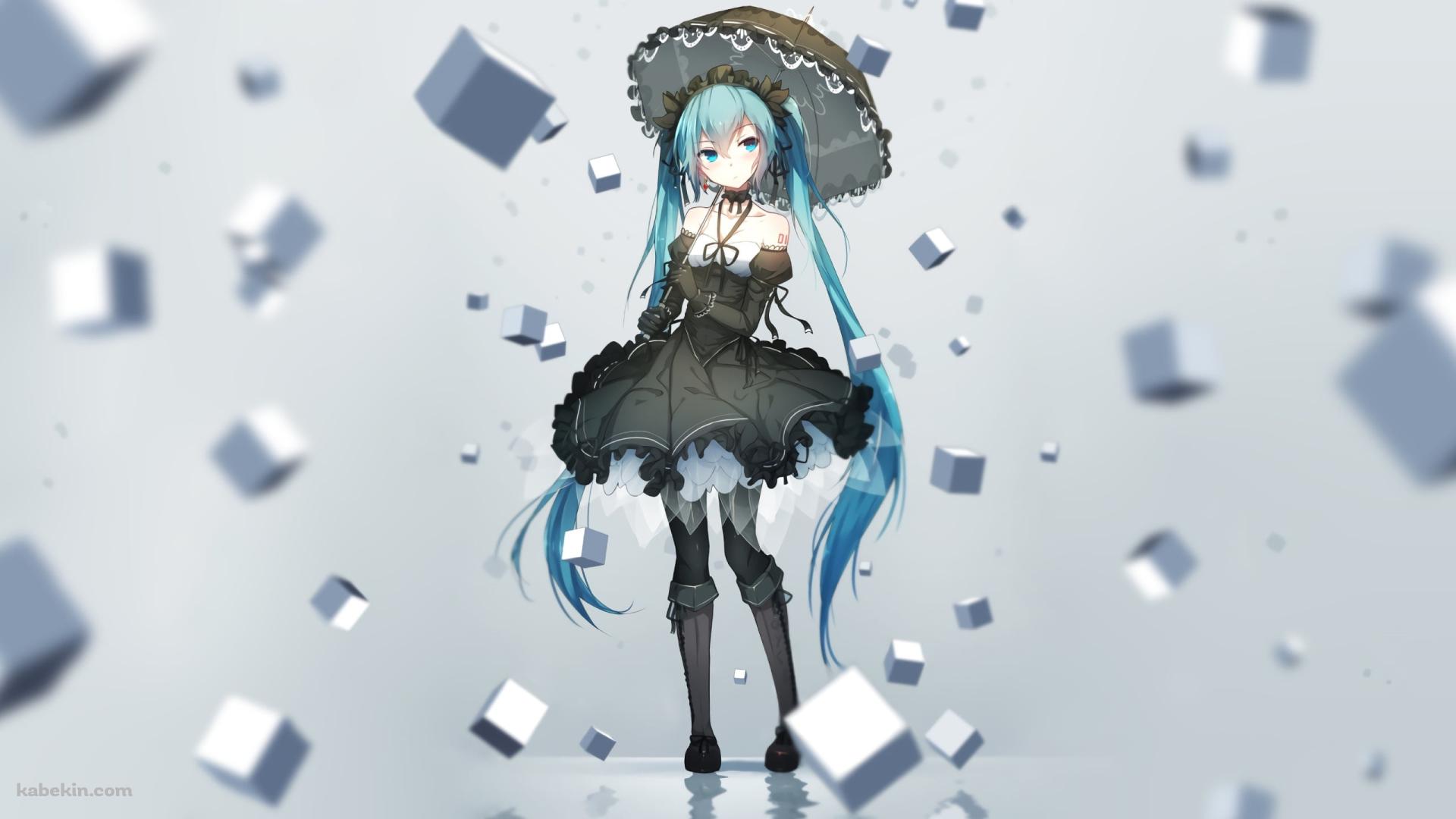 沢山の白いキューブと日傘をさす初音ミク / ボカロ / ボーカロイドの壁紙(1920px x 1080px) 高画質 PC・デスクトップ用