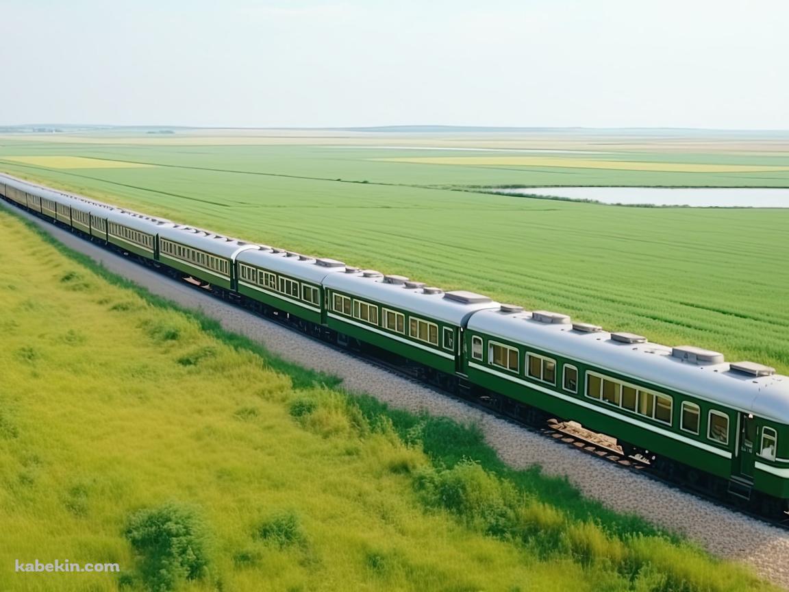緑の草原の中を走る緑と白の電車の壁紙(1152px x 864px) 高画質 PC・デスクトップ用