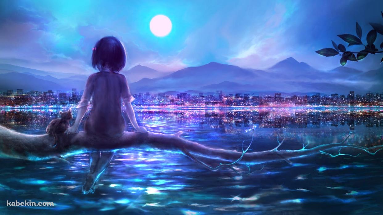 海と夜の街と満月と木の上に乗る少女と猫の壁紙(1242px x 698px) 高画質 PC・デスクトップ用