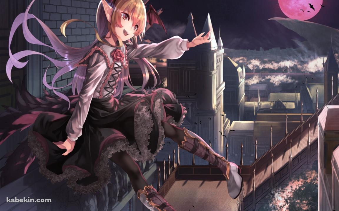 建物の手摺に座るヴァンピィちゃん / 赤い満月 / グラブル / 神撃のバハムートの壁紙(1152px x 720px) 高画質 PC・デスクトップ用