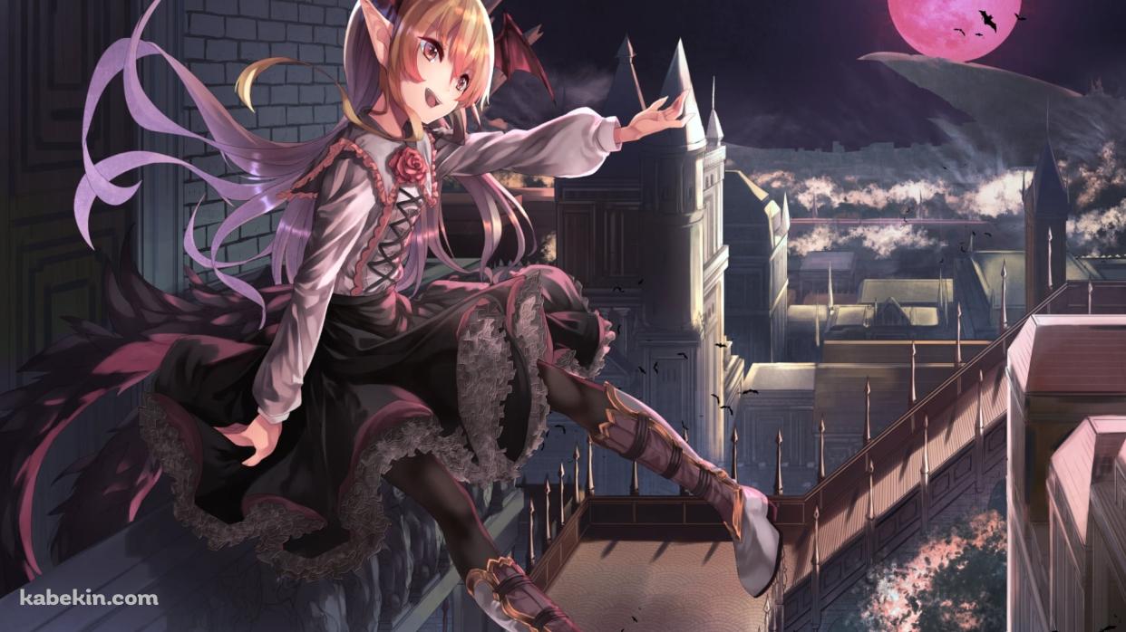 建物の手摺に座るヴァンピィちゃん / 赤い満月 / グラブル / 神撃のバハムートの壁紙(1242px x 698px) 高画質 PC・デスクトップ用