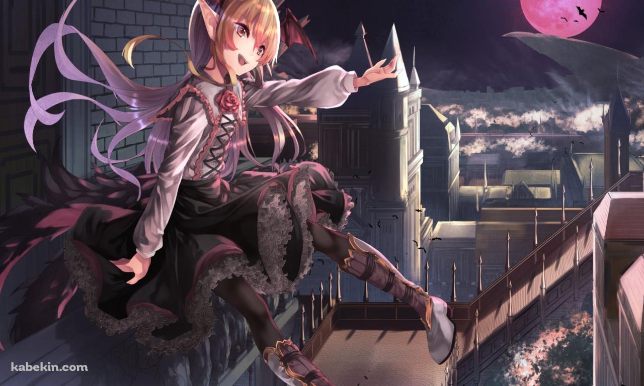 建物の手摺に座るヴァンピィちゃん / 赤い満月 / グラブル / 神撃のバハムートの壁紙(1280px x 768px) 高画質 PC・デスクトップ用