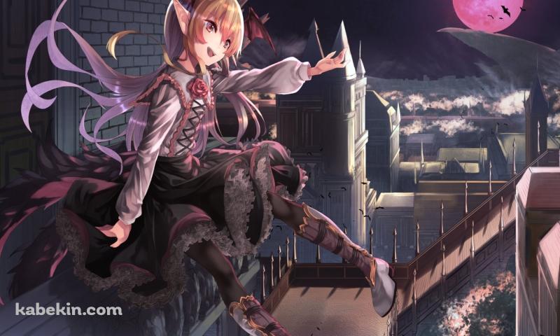建物の手摺に座るヴァンピィちゃん / 赤い満月 / グラブル / 神撃のバハムートの壁紙(800px x 480px) 高画質 PC・デスクトップ用
