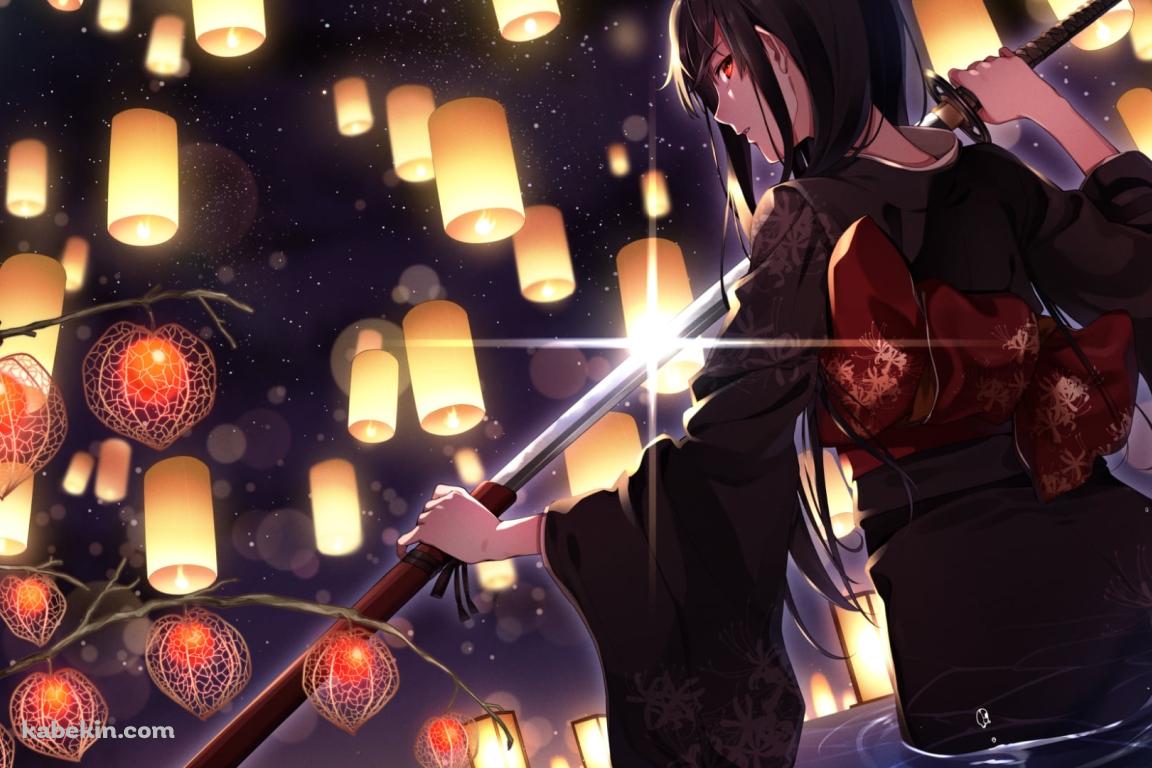 水に浸かりながら抜刀する黒い着物を着た女性の壁紙(1152px x 768px) 高画質 PC・デスクトップ用