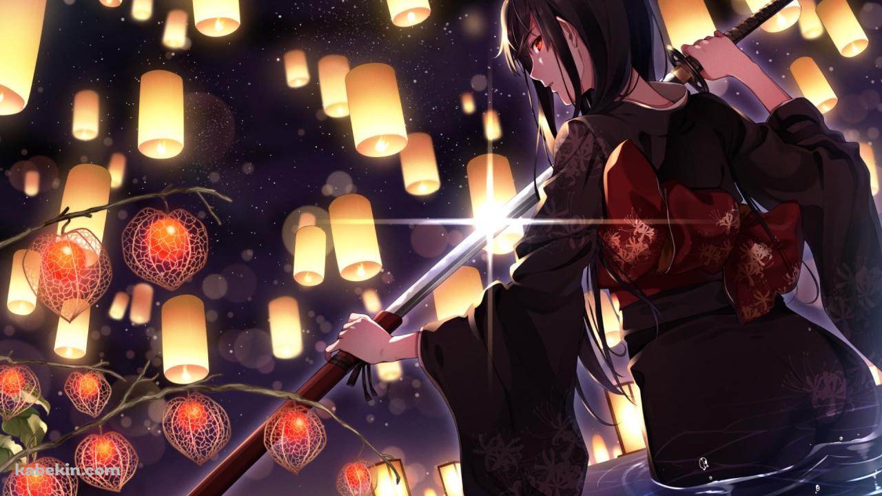 水に浸かりながら抜刀する黒い着物を着た女性の壁紙(1280px x 720px) 高画質 PC・デスクトップ用