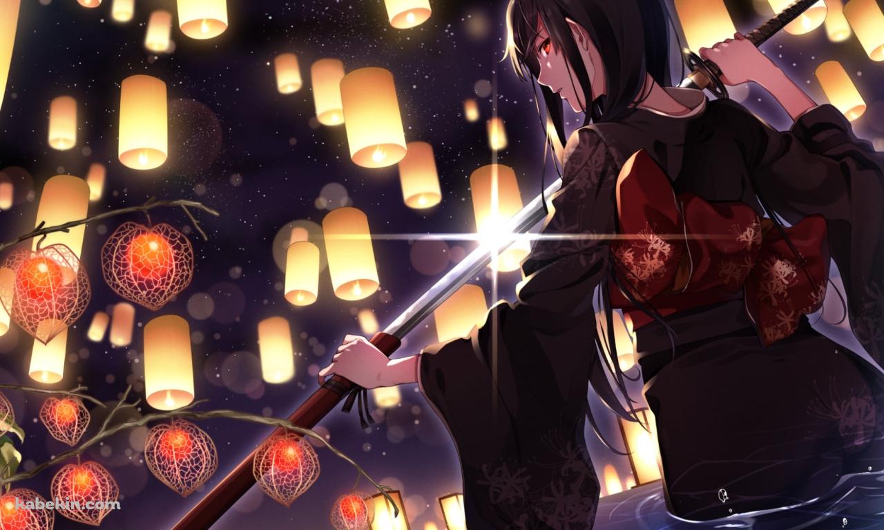 水に浸かりながら抜刀する黒い着物を着た女性の壁紙(1280px x 768px) 高画質 PC・デスクトップ用