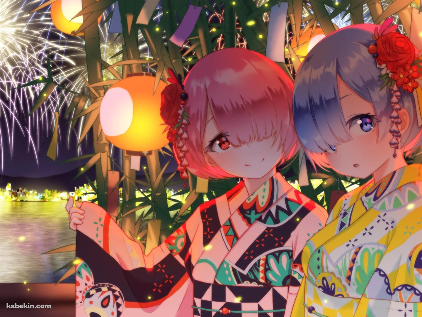 浴衣を着たレムとラム / お祭り / 花火 / Re:ゼロから始める異世界生活の壁紙(1440px x 1080px) 高画質 PC・デスクトップ用