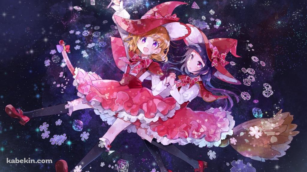 ホウキに乗って宇宙で飛ぶ朝日奈みらいと十六夜リコ / 魔法つかいプリキュア!の壁紙(1024px x 576px) 高画質 PC・デスクトップ用