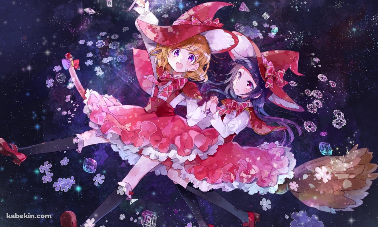 ホウキに乗って宇宙で飛ぶ朝日奈みらいと十六夜リコ / 魔法つかいプリキュア!の壁紙(1280px x 768px) 高画質 PC・デスクトップ用